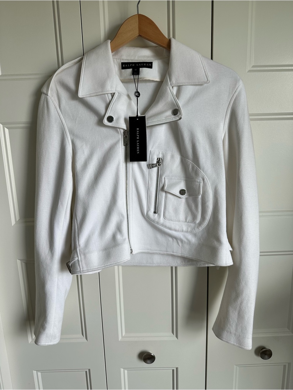 NWT Ralph Lauren White Moto Jacket Women’s Size 10 Zip Front Knit Blazer